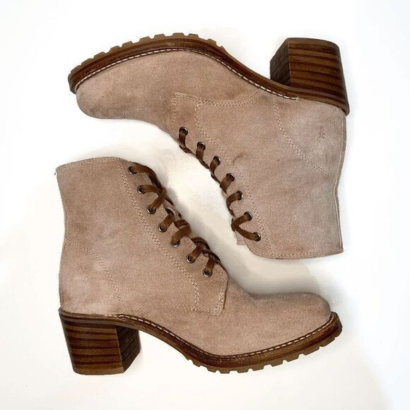 Frye Sabrina 6G Pale Blush Pink Lace Up Chunky Heeled Combat Ankle Booties 9 - Picture 7 of 9